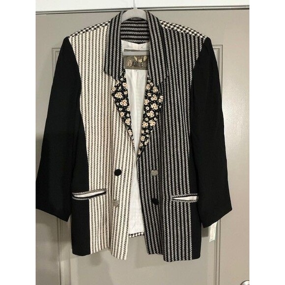 Delah McKay Black White Stripe Long Sleeve Jacket Floral Accents Vintage Sz M - Picture 1 of 5